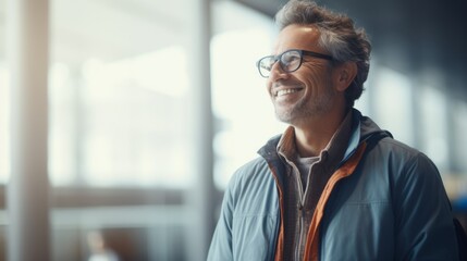 Fototapeta premium Happy mature man is in the airport. Beautiful illustration picture. Generative AI