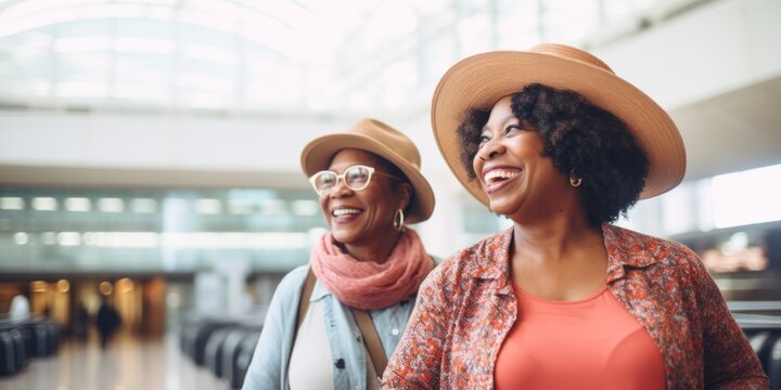 African americn mature happy women in airport. Beautiful illustration picture. Generative AI