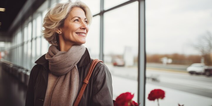 In airport. Mature woman. Beautiful illustration picture. Generative AI