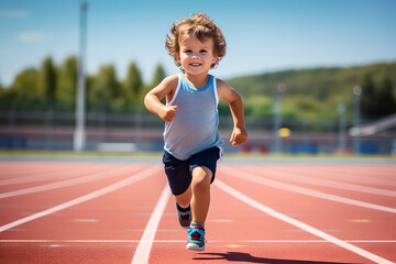 Obraz premium Little child running filled with joy and energy running on athletic track, young boy runner training on the stadium. Concept of sport, fitness, achievements, studying