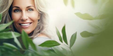 Fototapeta premium Green leaves, mature woman is outdoors. Beautiful illustration picture. Generative AI