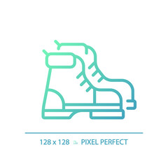 2D pixel perfect gradient hiking boot icon, isolated vector, green hiking gear thin line illustration.