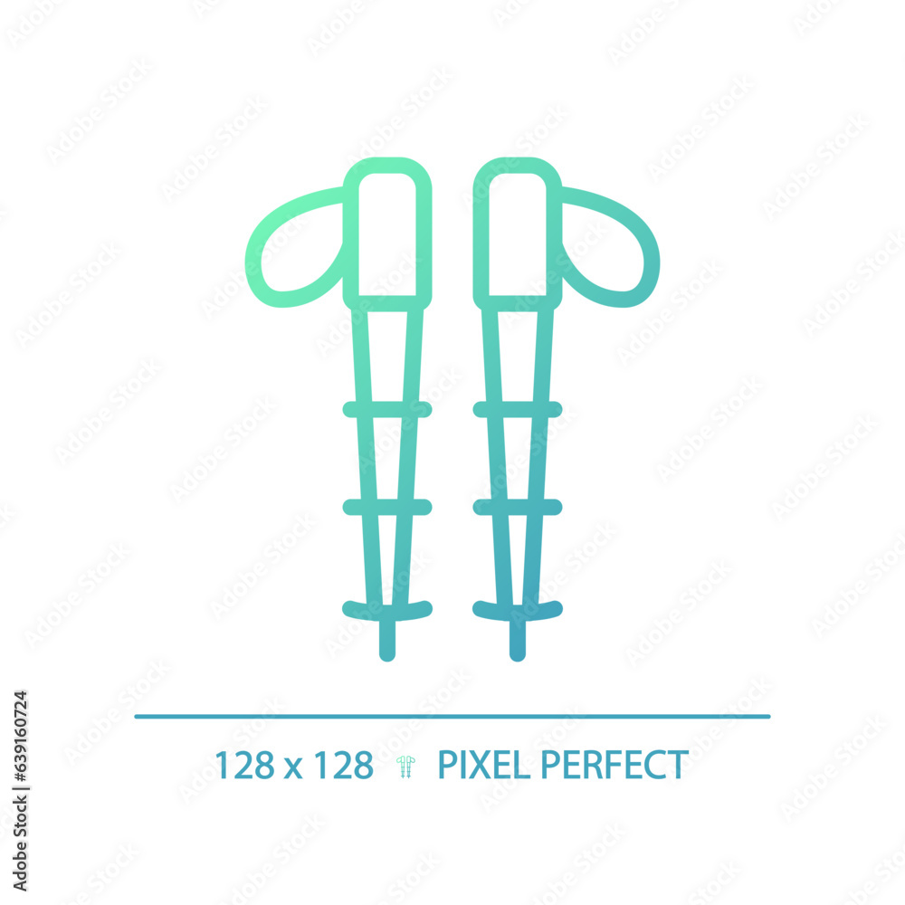 Sticker 2D pixel perfect gradient hiking poles icon, isolated vector, green hiking gear thin line illustration.