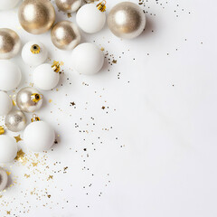 Naklejka na ściany i meble Christmas and New Years minimal background. Flat lay design with white balls, golden christmas decoration. Top view. Layout. Template, poster, banner,cover, brochure. Generative ai