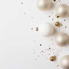 Christmas and New Years minimal background. Flat lay design with white balls, golden christmas decoration. Top view. Layout. Template, poster, banner,cover, brochure. Generative ai