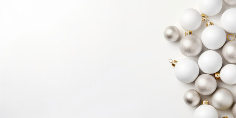 Fototapeta na wymiar White minimal background. Flat lay design with white balls, golden christmas decoration. Christmas and New Years. Top view. Layout. Template, poster, banner,cover, brochure. Generative ai