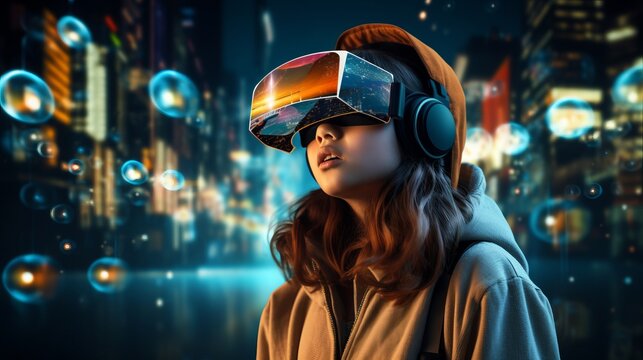 Girl in virtual reality glasses. Beautiful illustration picture. Generative AI