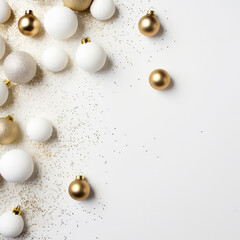 Christmas and New Years minimal background. Flat lay design with white balls, golden christmas decoration. Top view. Layout. Template, poster, banner,cover, brochure. Generative ai