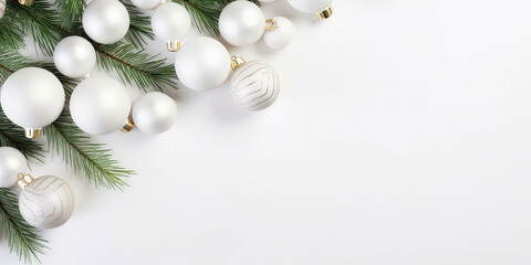 Fototapeta na wymiar Flat lay design with christmas balls, fir branches on white. Christmas and New Years minimal background. Top view. Layout. Template, poster, banner,cover, brochure. Generative ai