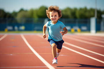 Fototapeta premium Little child running filled with joy and energy running on athletic track, young boy runner training on the stadium. Concept of sport, fitness, achievements, studying