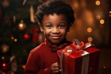 Fototapeta na wymiar Smiling little African American boy with a Christmas gift on the background of the Christmas tree and evening festive lights. He is smiling and looking at camera. Christmas sales concept.