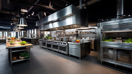 Empty restaurant kitchen with professional equipment