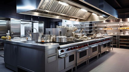 Empty restaurant kitchen with professional equipment
