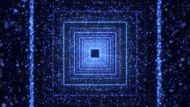 Digital tunnel of flickering particles, travel in cyberspace, futuristic data transfer concept. flight in digital technological tunnel. Square Digital 3D Big Data Tunnel with Futuristic Matrix..