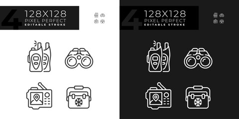 Pixel perfect dark and light mode icons set representing hiking gear, editable isolated thin linear illustration.