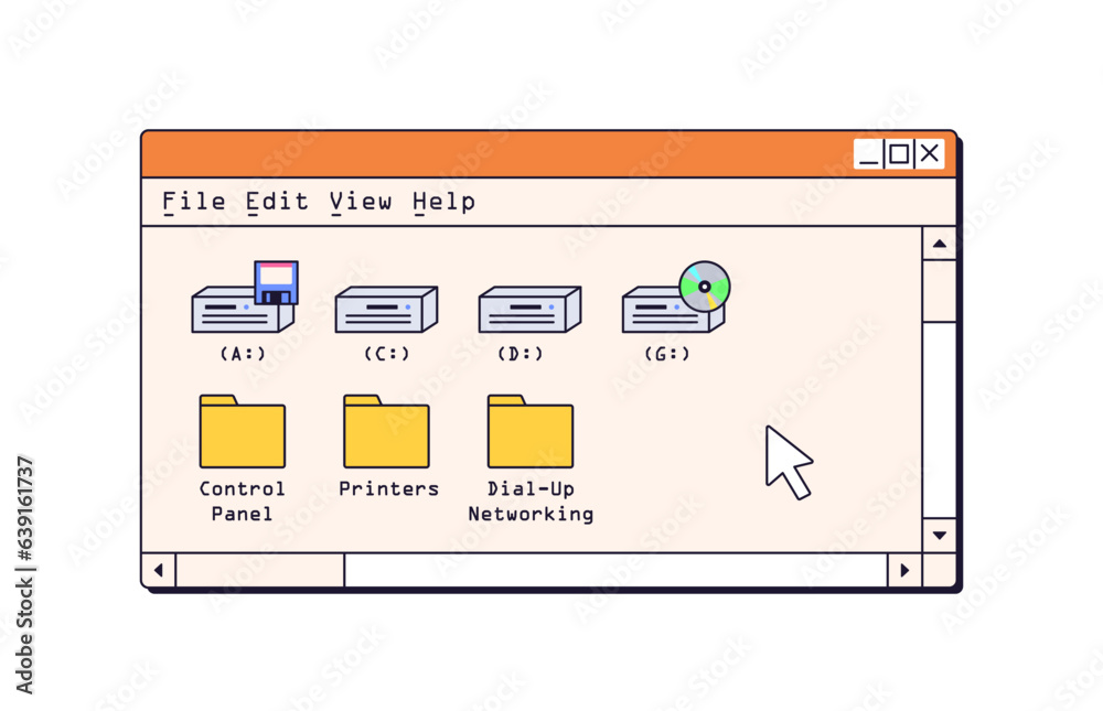 Poster computer window, retro interface. old 90s nostalgic ui design, system drives, folders, files. 1990s 
