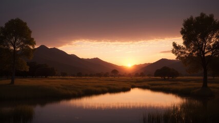 Fototapeta na wymiar A calm sunset over a peaceful mountain lake. Creative resource, AI Generated