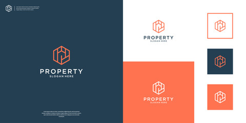 Minimalist building logo design, abstract hexagon symbol with line art style