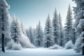 Fototapeta premium a calm winter scene of snow secured evergreen trees standing in a calm woods. Creative resource, AI Generated