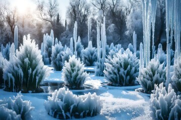 a botanical develop changed by winter, with set wellsprings and plants brightened with ice. Creative resource, AI Generated - obrazy, fototapety, plakaty