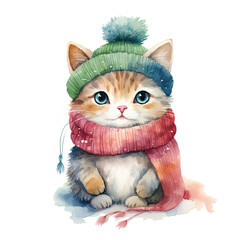 Watercolor winter Cute cat  Clipart