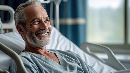 Fotobehang A male patient lying satisfied smiling at modern hospital patient bed.genearative ai © JKLoma