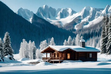 a cozy mountain cabin settled within the middle of snow secured peaks and cemented lakes. Creative resource, AI Generated - Powered by Adobe