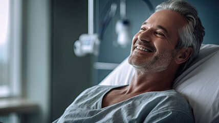 Obraz premium A male patient lying satisfied smiling at modern hospital patient bed.generative ai