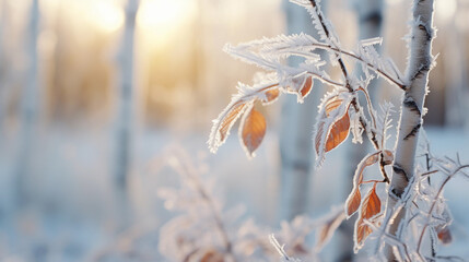 Frosty morning in a birch forest, frozen branches are glowing with morning sunshine - Powered by Adobe
