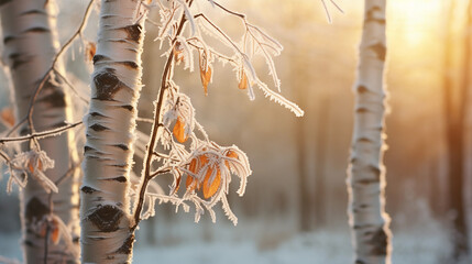 Frosty morning in a birch forest, frozen branches are glowing with morning sunshine - Powered by Adobe