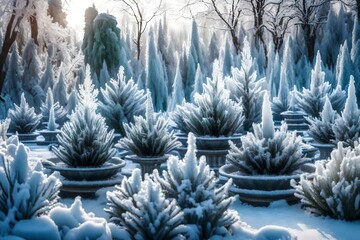 a botanical make changed by winter, with set wellsprings and plants brightened with ice. Creative resource, AI Generated - obrazy, fototapety, plakaty