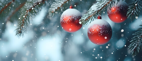 Fototapeta na wymiar Seasonal Joy Red Balls on Fir Branches with Snowy Winter Backdrop