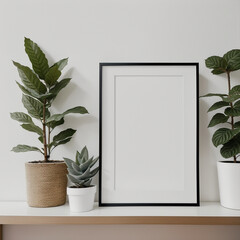 
Two potted plants in front of a blank picture frame background. AI Generative

