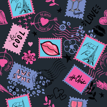 Girls seamless pattern with post stamp, calligraphic slogan, hearts, words  . background for texylie, graphic tees, kids wear. Wallpaper for teenager girls. Fashion style