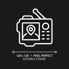 2D pixel perfect white GPS icon, isolated vector, editable hiking gear thin line illustration.