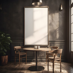Blank picture frame mockup on the wall in a restaurant with coffee mugs on wooden table and wooden chairs arranged in perfect style. Blank picture frame Portrait orientation.