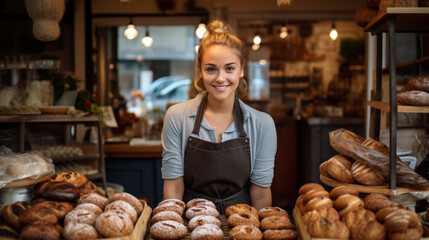 business owner with bakery shop background