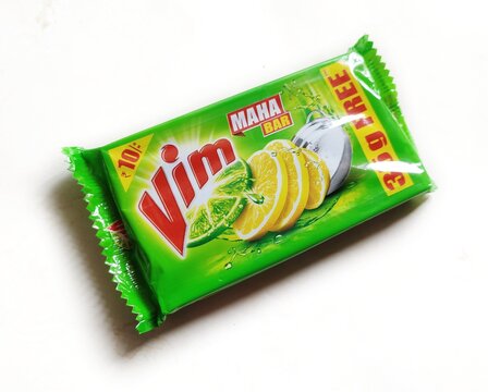 Guwahati, Assam, India - August 23, 2023 : Vim Lemon Dishwash Bar comes with the power of Lemons, removes the toughest grease and gives a pleasant cleaning experience. 