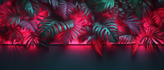 Tropical leaves and neon lights layout. Generative AI