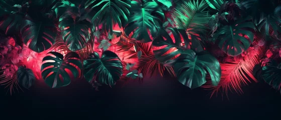 Foto op Canvas Tropical leaves and neon lights layout. Generative AI © ColdFire