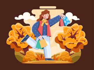 Vector illustration of A woman walking, carrying shopping bags, and enjoying autumn. Capturing the spirit of autumn shopping or autumn sale, perfect for promotion, web, animation, social media.