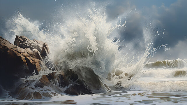 photo of the big waves rolling on the beach in the afternoon. Generative AI