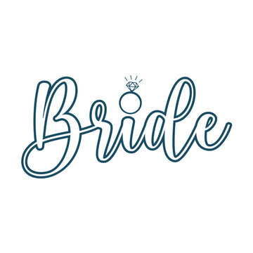 Bride with wedding diamond ring script text svg cut file. Isolated vector illustration.