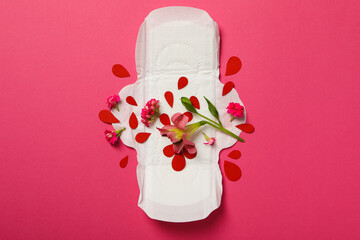 Menstrual pad with flowers on a pink background