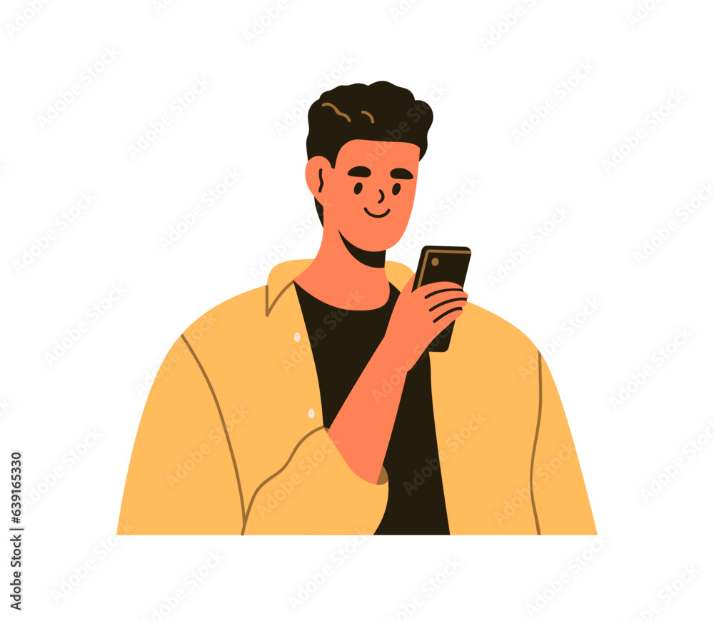 Poster happy man holding mobile phone in hand, looking at cell screen and smiling. guy using smartphone cel