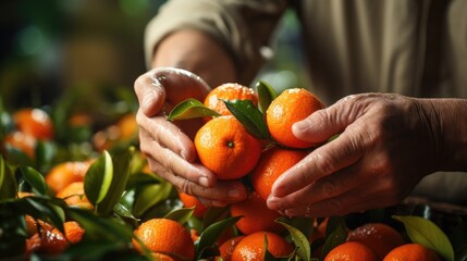 An orange or mandarin fruit is picked by a farmer's hands up close.Organic food, harvesting and farming concept. Background of fresh mandarins or oranges with green leaves 