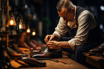 An elderly shoemaker at work in a workshop