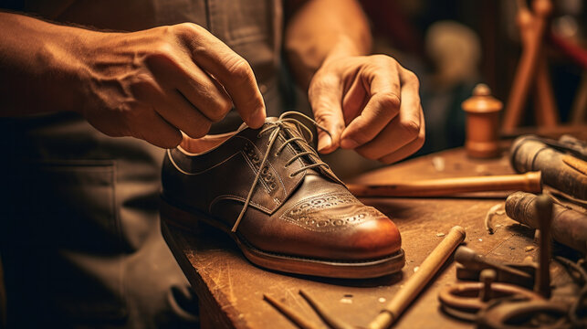 An elderly shoemaker at work in a workshop