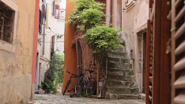 An old street in the middle of Piran with flowers and a bicycle parked under the stairs. A moving clip.