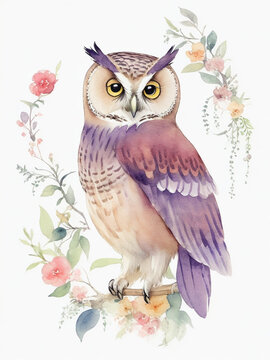 Watercolor Owl Illustration With Flowers